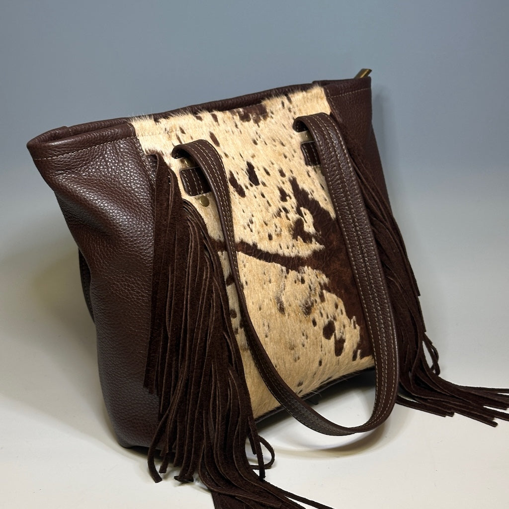 BOHO TOTE WITH LEATHER HIDE AND FRINGE DETAIL, BROWN NH114
