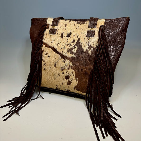 BOHO TOTE WITH LEATHER HIDE AND FRINGE DETAIL, BROWN NH114