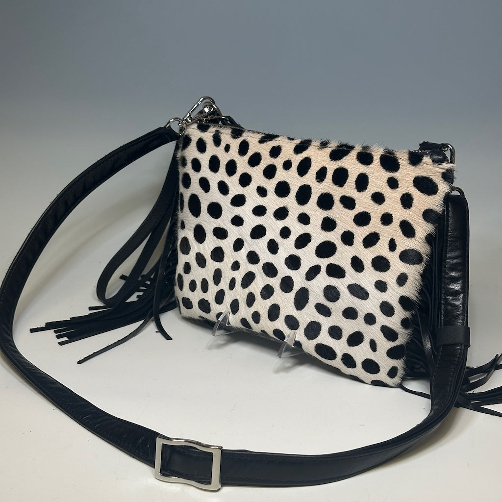 BOHO LEATHER HIDE CROSSBODY BAG/WRISTLET WITH FRINGE, BLACK DOT NH123