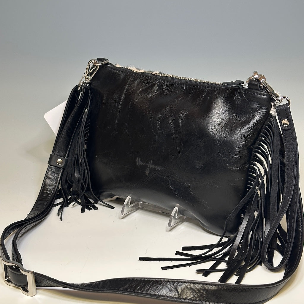 BOHO LEATHER HIDE CROSSBODY BAG/WRISTLET WITH FRINGE, BLACK DOT NH123