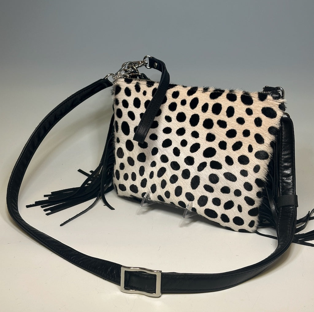 BOHO LEATHER HIDE CROSSBODY/WRISTLET WITH LEATHER FRINGE, BLACK DOT NH118