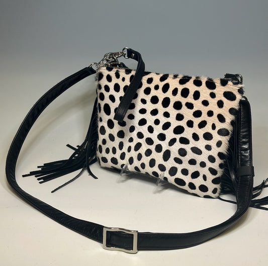 BOHO LEATHER HIDE CROSSBODY/WRISTLET WITH LEATHER FRINGE, BLACK DOT NH118