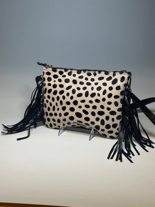 BOHO LEATHER HIDE CROSSBODY/WRISTLET WITH FRINGE, BLACK DOT NH129