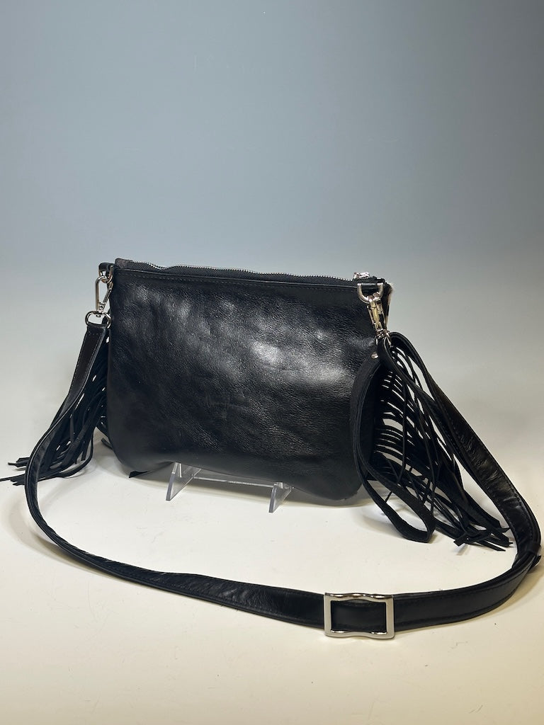 BOHO LEATHER HIDE CROSSBODY/WRISTLET WITH FRINGE, BLACK DOT NH129