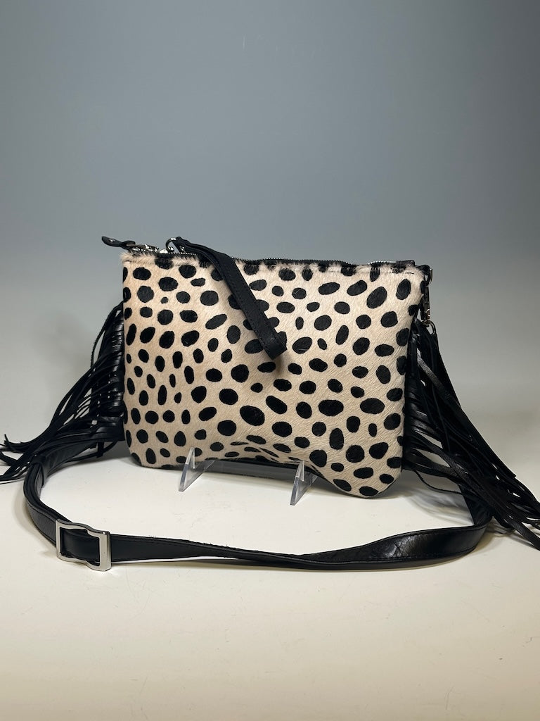 BOHO LEATHER HIDE CROSSBODY/WRISTLET WITH FRINGE, BLACK DOT NH129