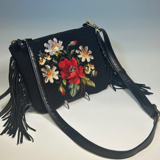 BOHO CROSSBODY/WRISTLET WITH FRINGE, VINTAGE NEEDLEPOINT NH126