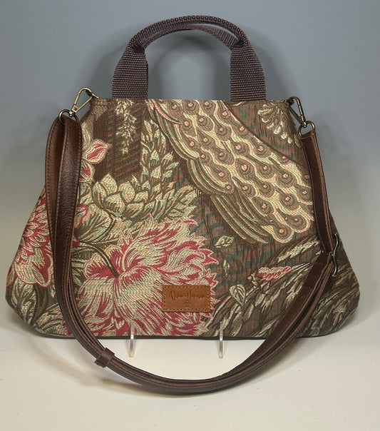 TAPESTRY HANDBAG/CROSSBAG, BROWN AND PINK FLORAL NH134