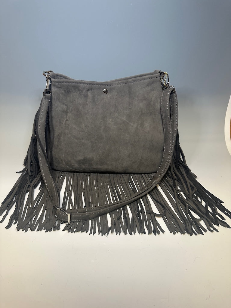 HOBO FRINGE SUEDE BAG WITH LEATHER STRAP WITH TETHERED CARD WALLET GREY NH136