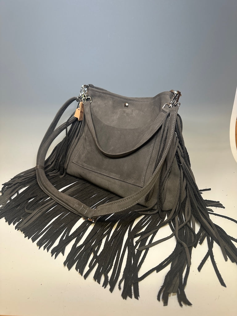 HOBO FRINGE SUEDE BAG WITH LEATHER STRAP WITH TETHERED CARD WALLET GREY NH136