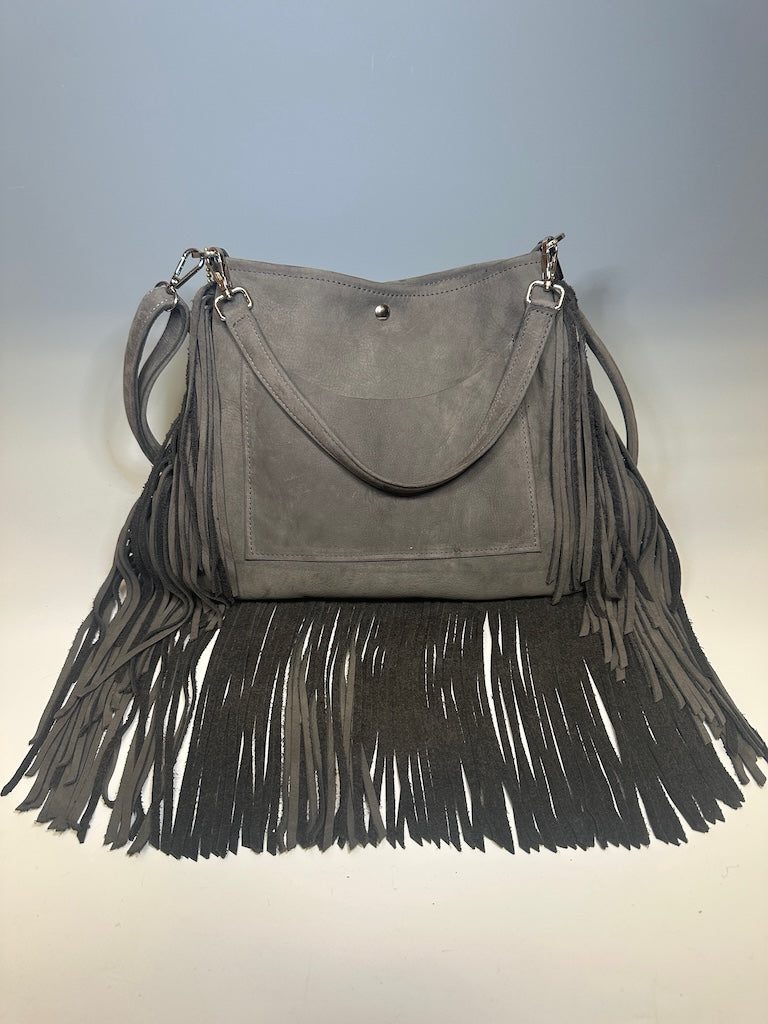HOBO FRINGE SUEDE BAG WITH LEATHER STRAP WITH TETHERED CARD WALLET GREY NH136