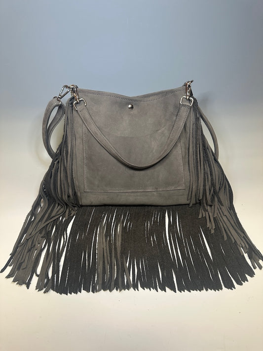 HOBO FRINGE SUEDE BAG WITH LEATHER STRAP WITH TETHERED CARD WALLET GREY NH136