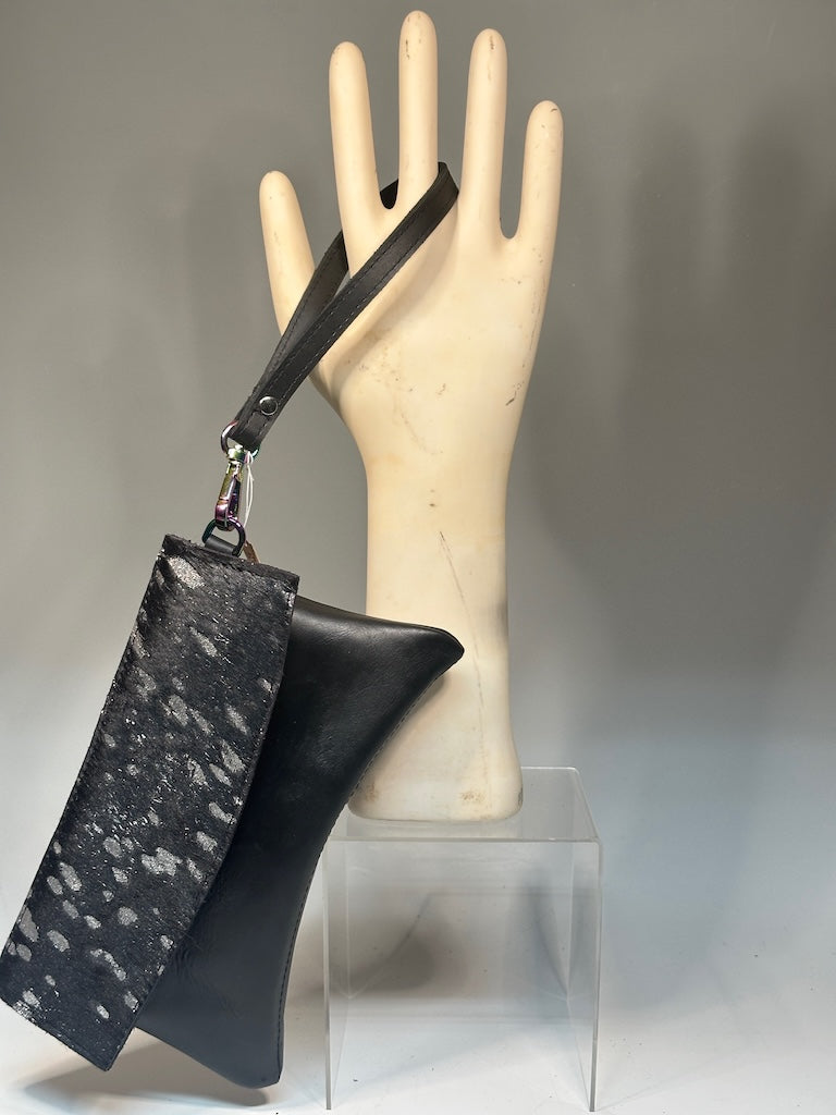 Curva Clutch -  Black leather with hair on hide flap NH157