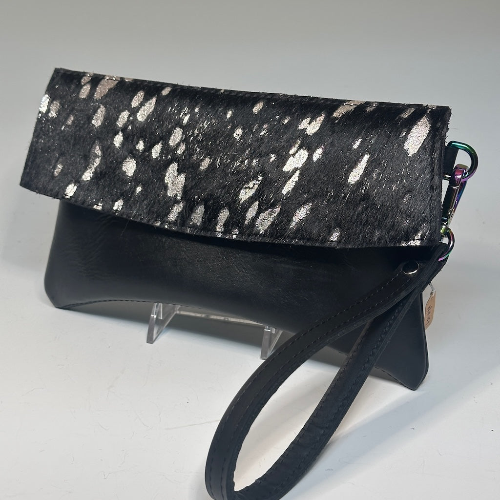 Curva Clutch -  Black leather with hair on hide flap NH157