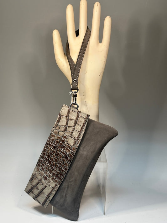 Curva Clutch -  Grey Nubuck with embossed leather flap NH158