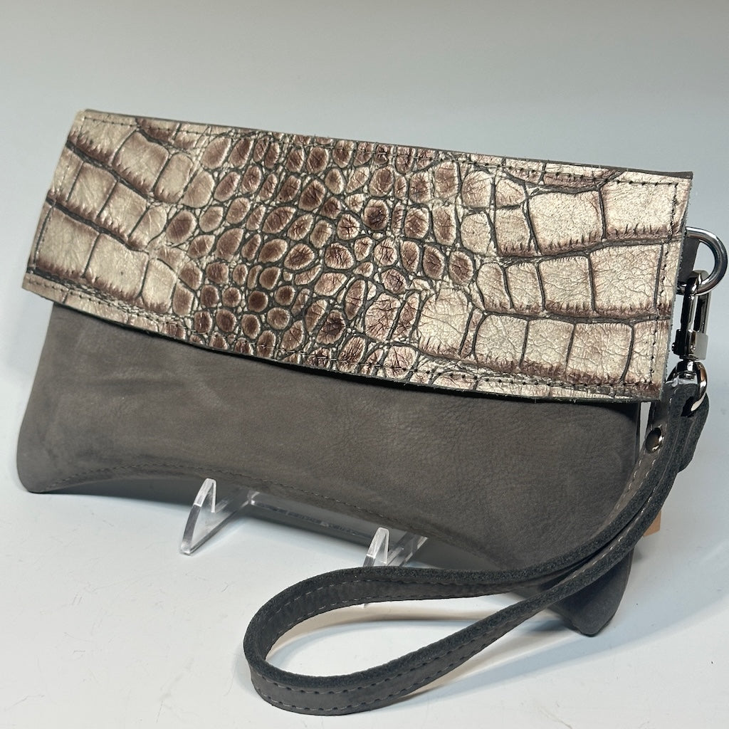 Curva Clutch -  Grey Nubuck with embossed leather flap NH158