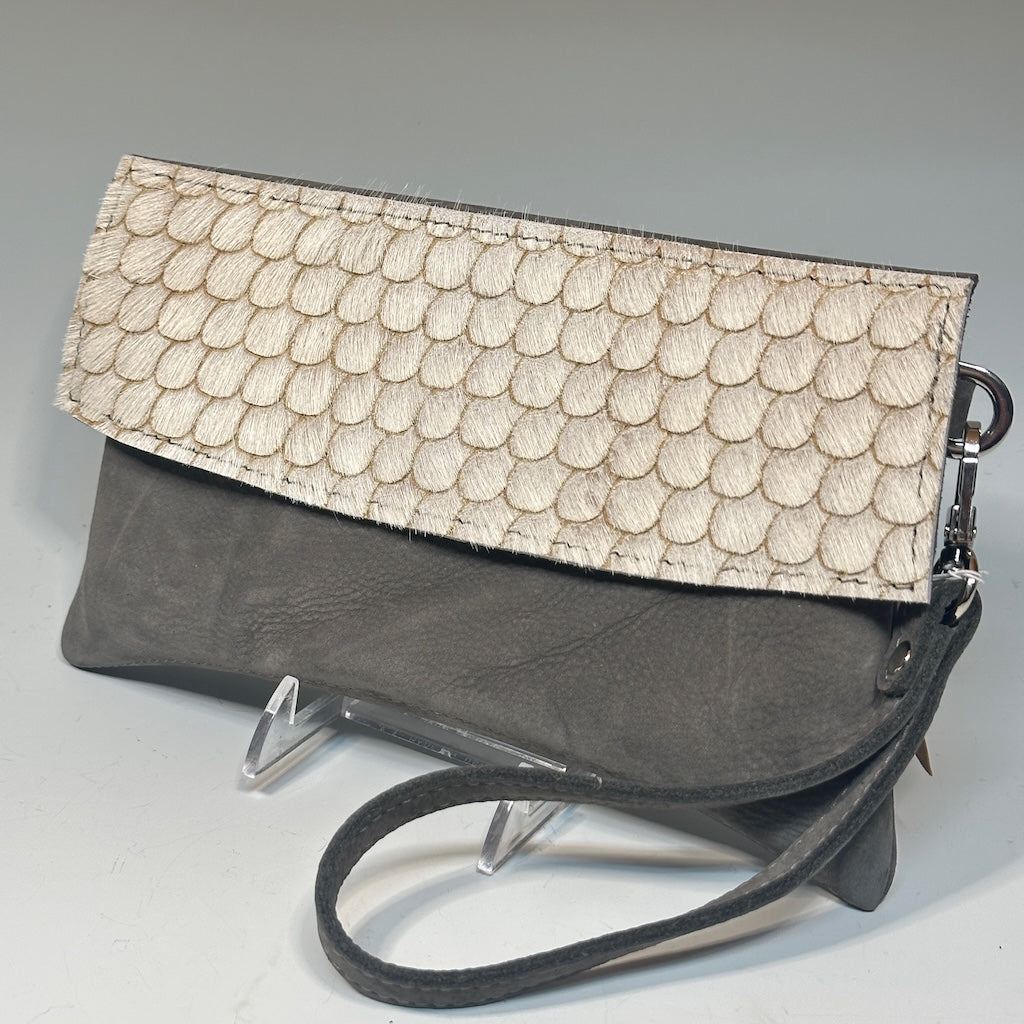 Curva Clutch -  Grey Nubuck with Hair on Flap  NH160
