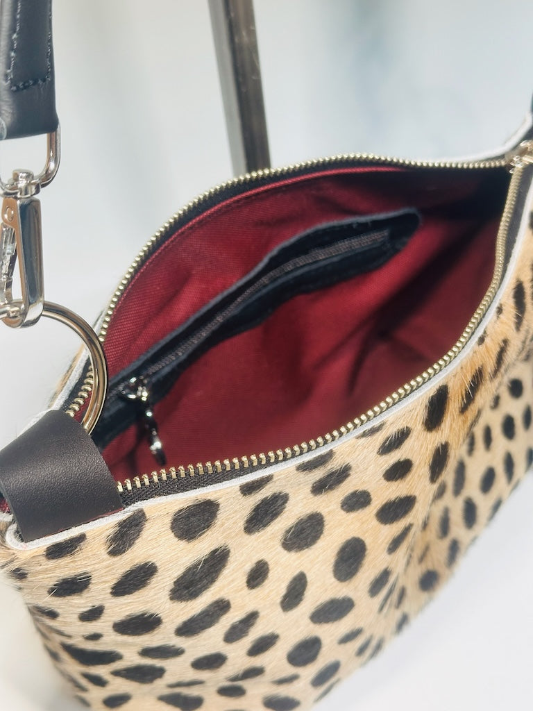 LEATHER SPOTTED HIDE ZIP TOP SHOULDER BAG WITH SUEDE TASSEL NH169