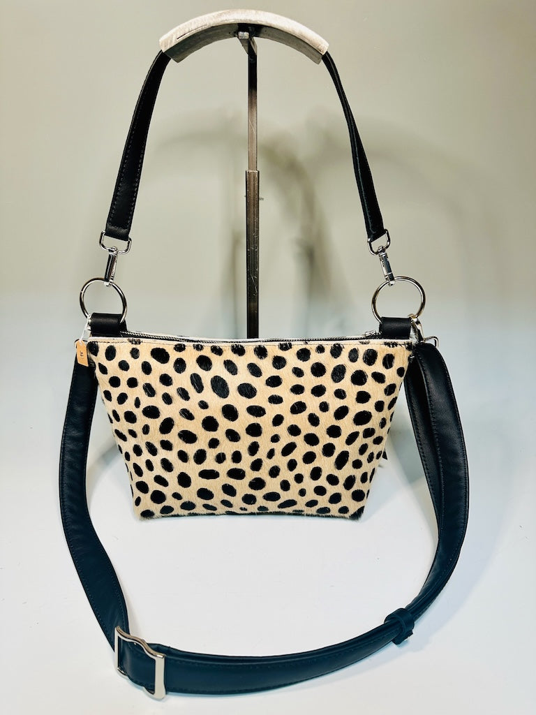 LEATHER SPOTTED HIDE ZIP TOP SHOULDER BAG WITH SUEDE TASSEL NH169