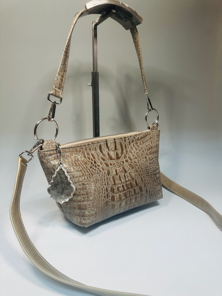 TAUPE EMBOSSED LEATHER ZIP TOP SHOULDER BAG NH170