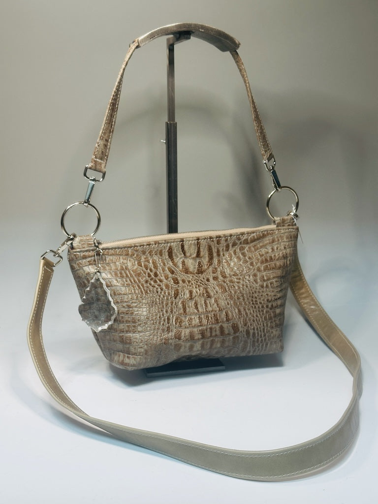 TAUPE EMBOSSED LEATHER ZIP TOP SHOULDER BAG NH170