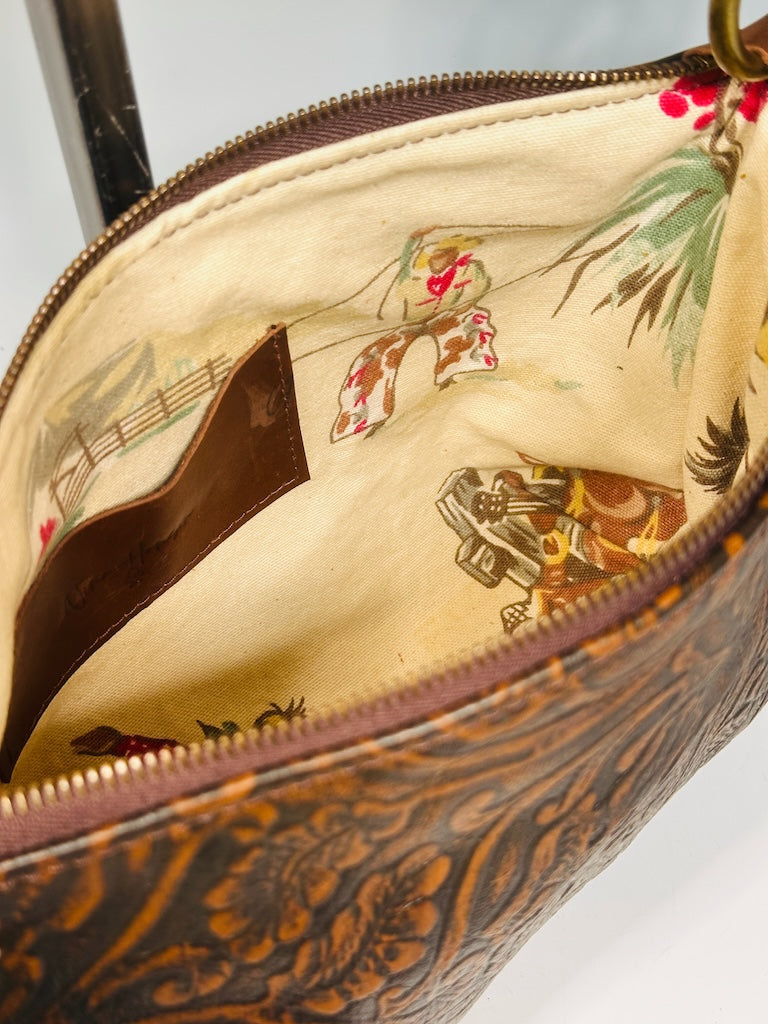 BROWN EMBOSSED LEATHER ZIP TOP SHOULDER BAG, COWBOY NH171