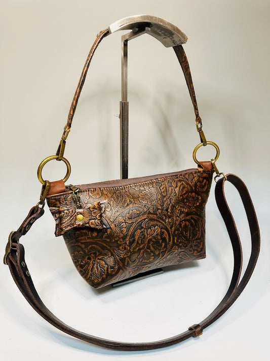 BROWN EMBOSSED LEATHER ZIP TOP SHOULDER BAG, COWBOY NH171