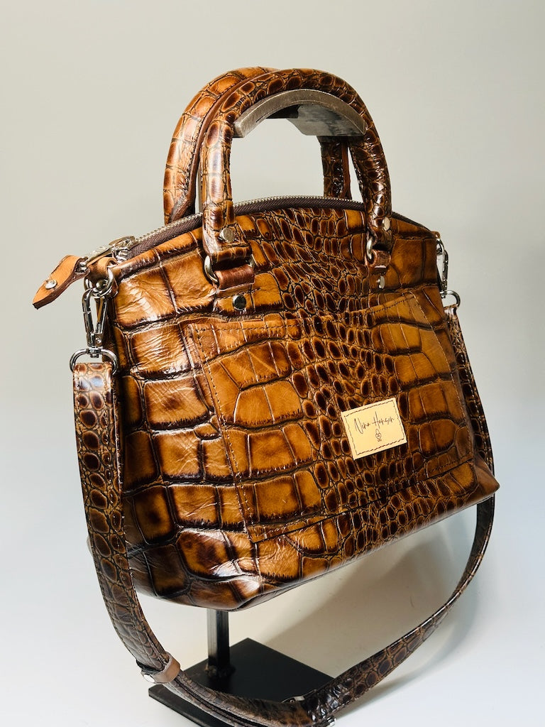 FIONA EMBOSSED BROWN LEATHER HANDBAG WITH ROLLED HANDLES NH172