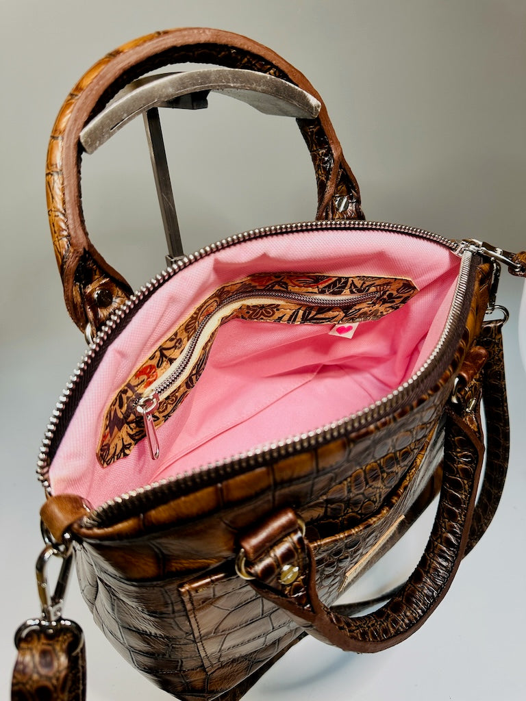 FIONA EMBOSSED BROWN LEATHER HANDBAG WITH ROLLED HANDLES NH172