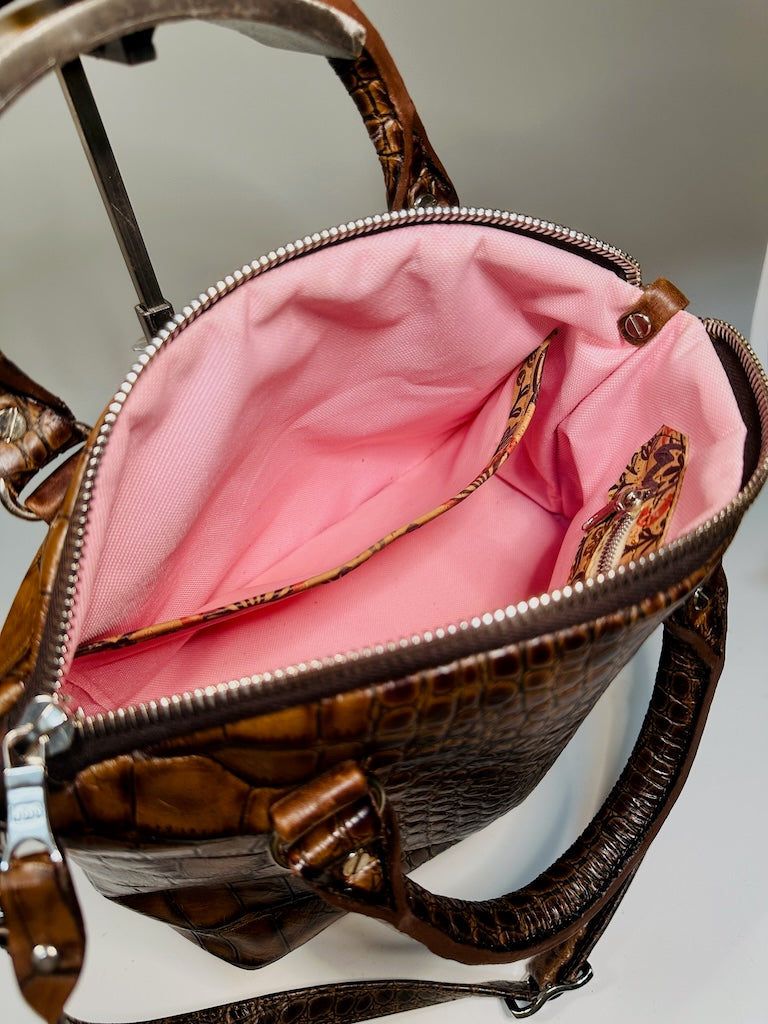 FIONA EMBOSSED BROWN LEATHER HANDBAG WITH ROLLED HANDLES NH172