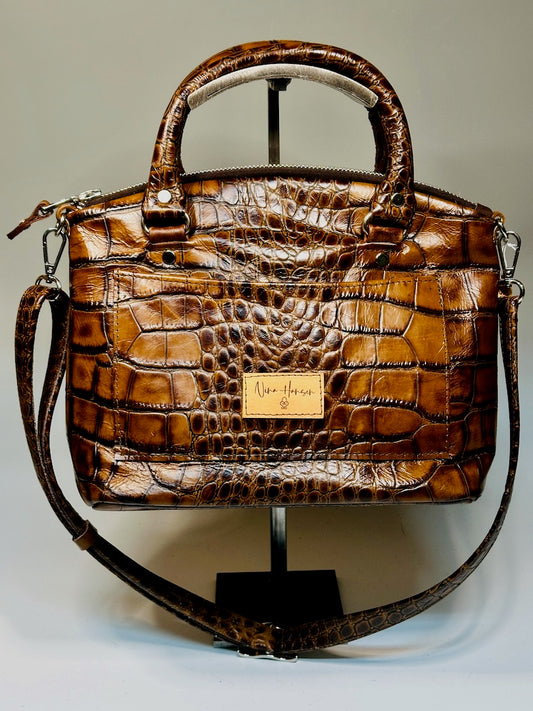 FIONA EMBOSSED BROWN LEATHER HANDBAG WITH ROLLED HANDLES NH172