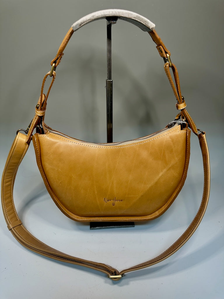 CRESCENDO SWOOP TOP BROWN LEATHER HANDBAG NH177