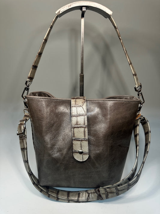 BUCKET BAG, GREY EMBOSSED LEATHER HANDBAG NH179