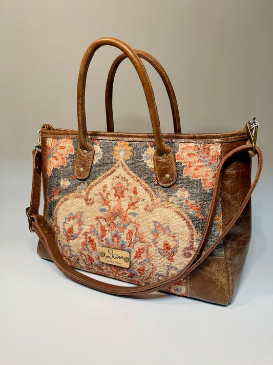 EAST-WEST TAPESTRY AND LEATHER SATCHEL NH189