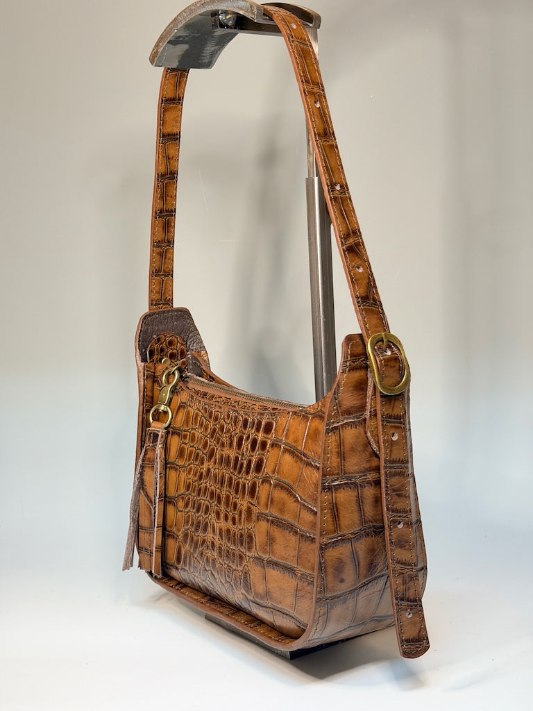 EMBOSSED LEATHER BAGUETTE BAG, BROWN NH194