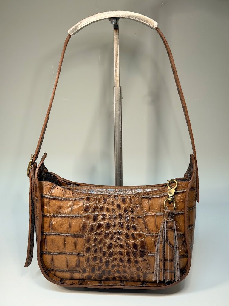 EMBOSSED LEATHER BAGUETTE BAG, BROWN NH194