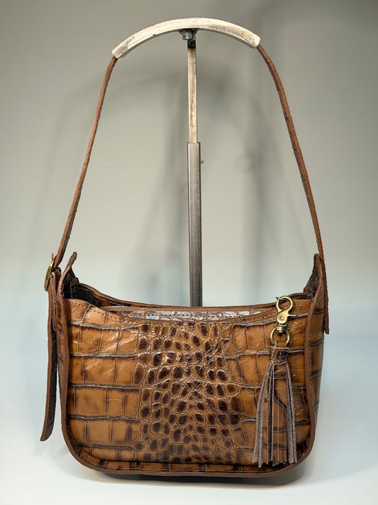 EMBOSSED LEATHER BAGUETTE BAG, BROWN NH194