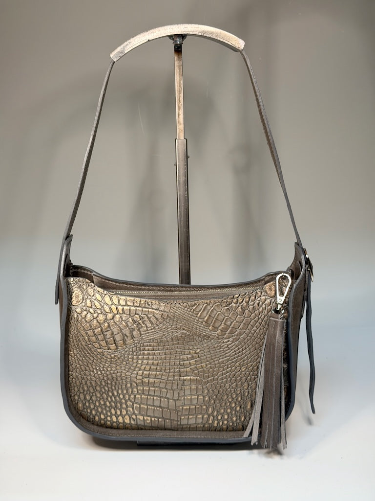 EMBOSSED LEATHER BAGUETTE BAG, GREY NH195