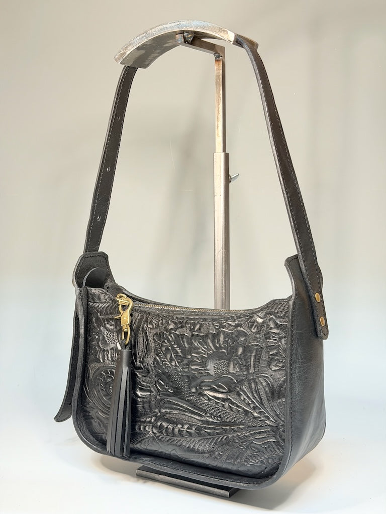 EMBOSSED LEATHER BAGUETTE BAG, GREY NH195