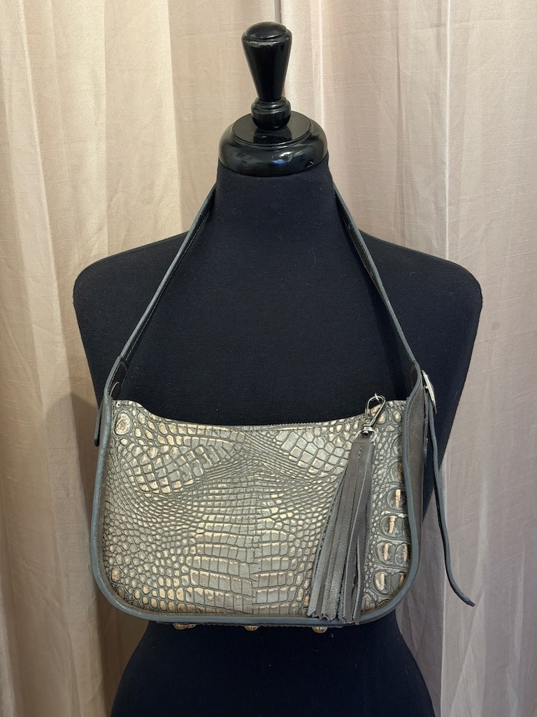 EMBOSSED LEATHER BAGUETTE BAG, GREY NH195