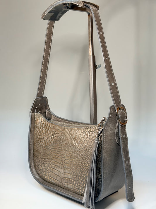 EMBOSSED LEATHER BAGUETTE BAG, GREY NH195