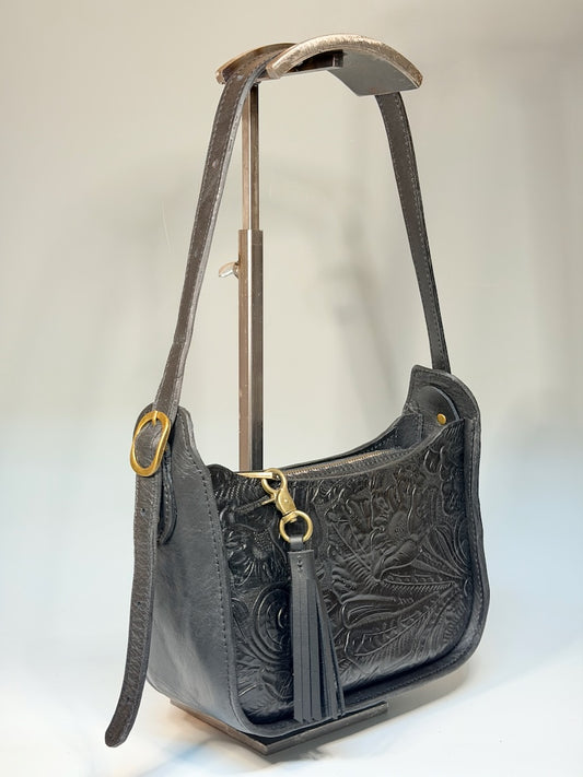 TOOLED PANEL LEATHER BAGUETTE BAG, BLACK NH196