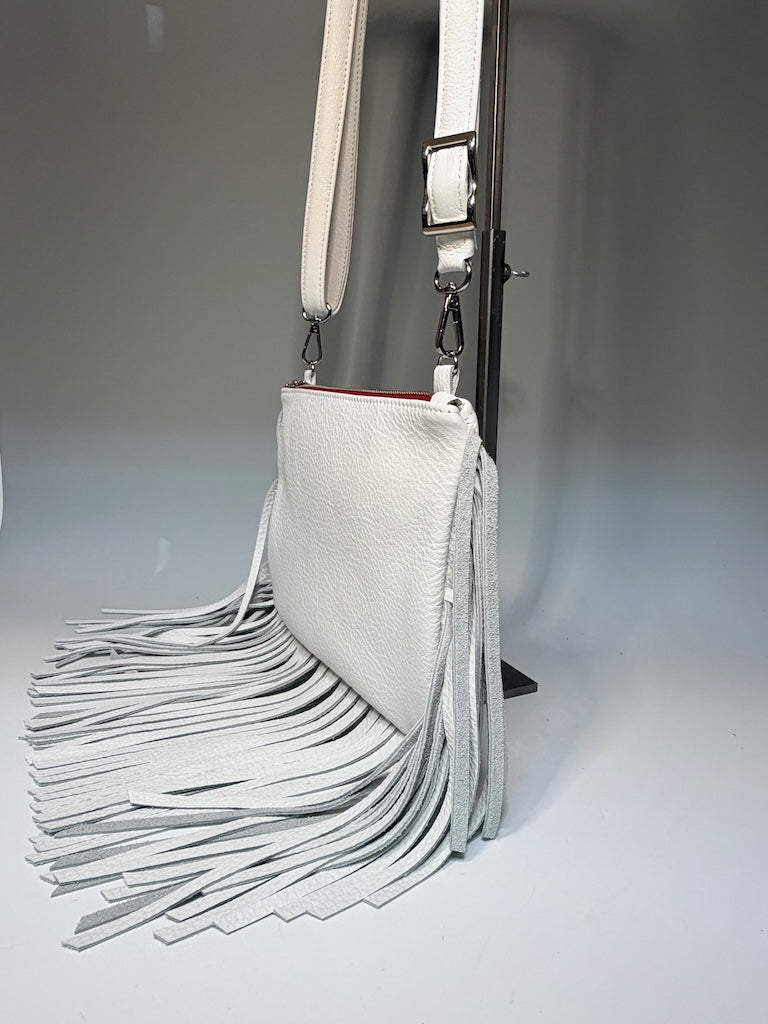 FRINGE CROSSBODY BAG - WHITE LEATHER NH199