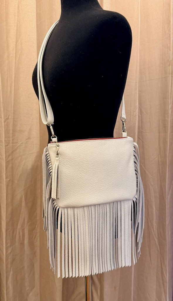 FRINGE CROSSBODY BAG - WHITE LEATHER NH199