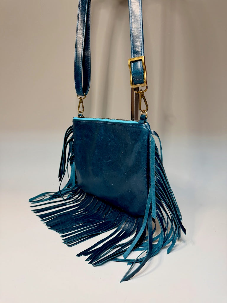 FRINGE CROSSBODY BAG - BLUE LEATHER NH200