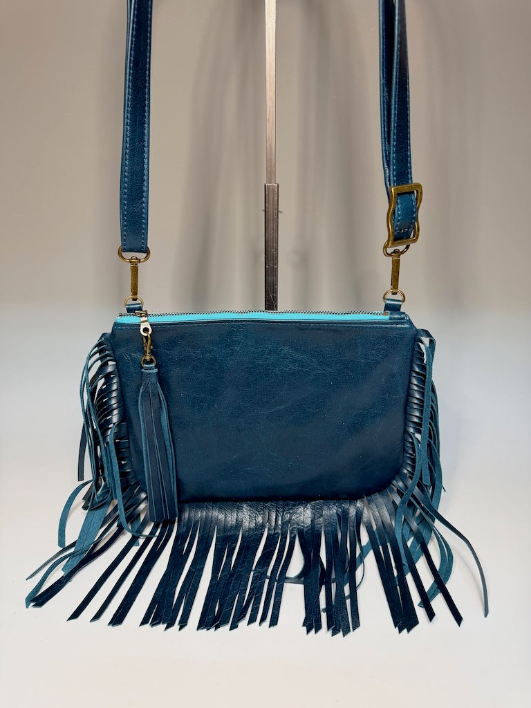 FRINGE CROSSBODY BAG - BLUE LEATHER NH200