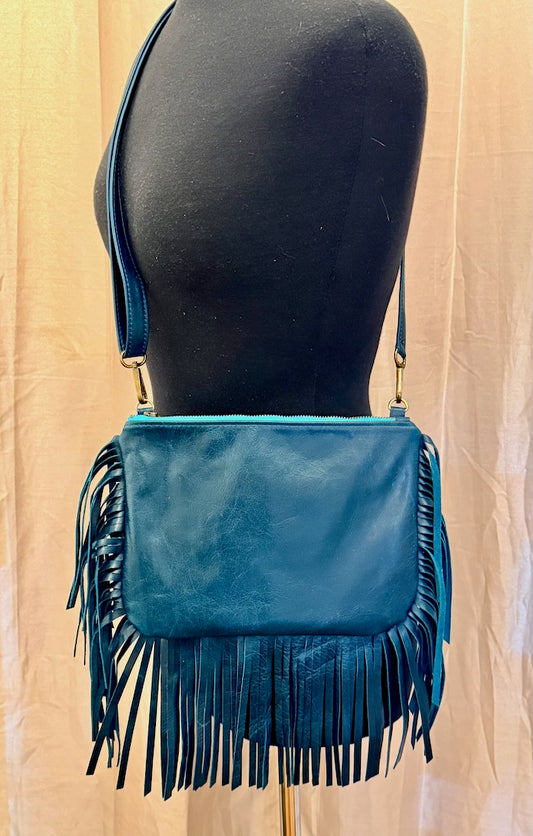 FRINGE CROSSBODY BAG - BLUE LEATHER NH200