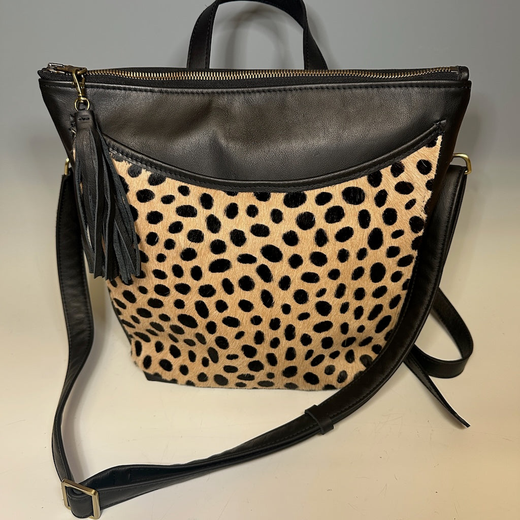 THE LAUREL CONVERTIBLE LEATHER BACKPACK/CROSSBODY BAG IN BLACK SPOTTED HIDE NH151