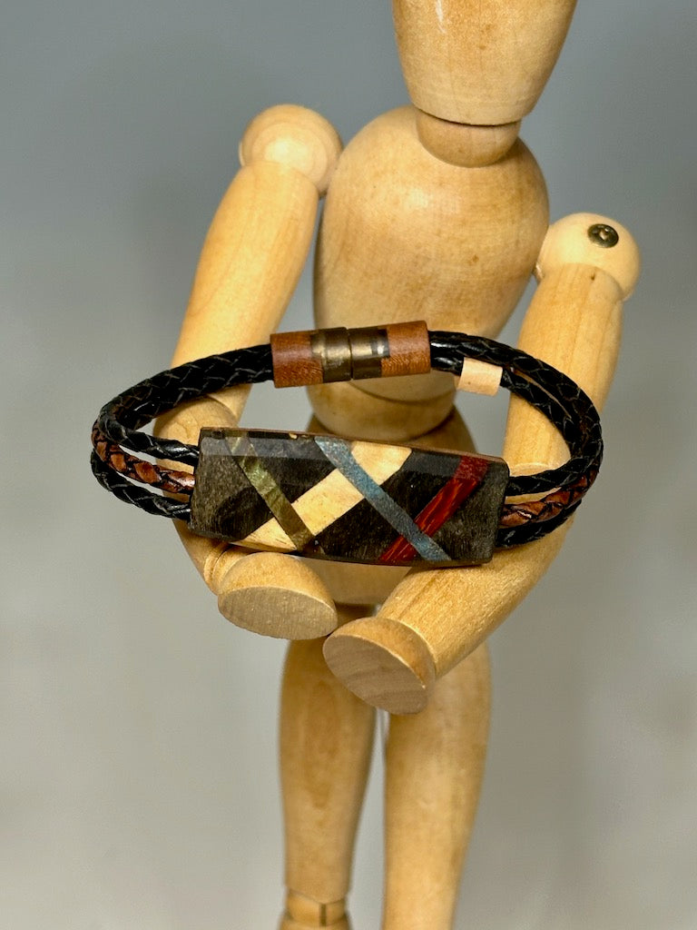 Men's Mixed Media Leather and Abstract Dark Wood Bracelet - NL195