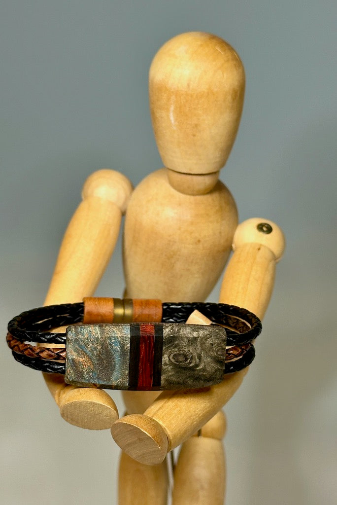 Men's Mixed Media Leather and Symmetry Stabilized Wood Bracelet - NL198