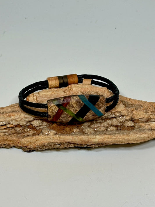 Mixed Media Wood Abstract Leather Bracelet - NL204